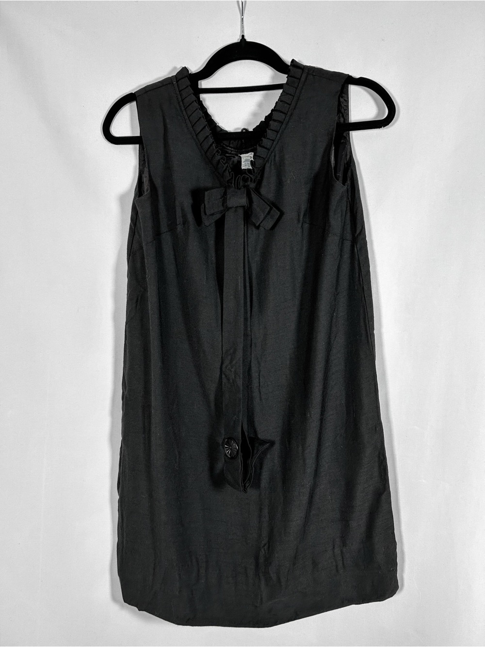 Vintage 1960s ILGWU Union Black Shift Dress Bow Pleated Neck Mod Cocktail Dress